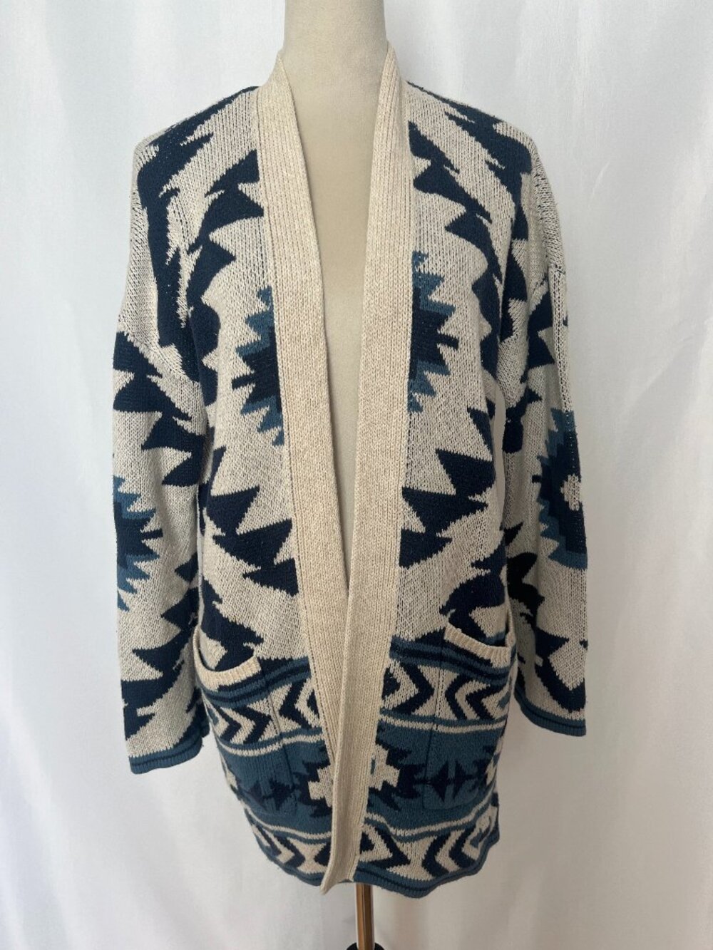 Lucky Brand Southwestern Open Front Duster Cardigan Cream Navy Blue